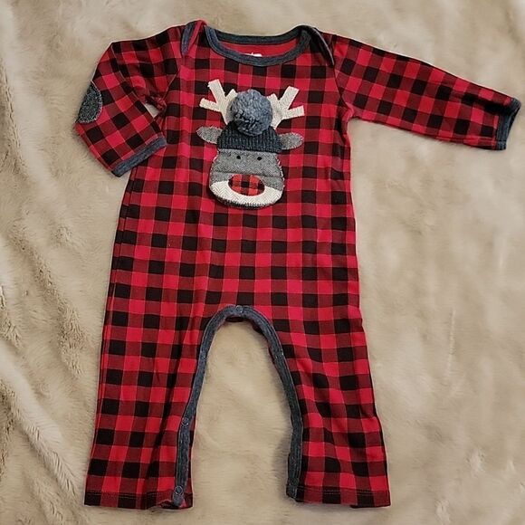 MUD PIE BUFFALO PLAID REINDEER ROMPER, SIZE 9-12 MONTHS - Picture 2 of 10